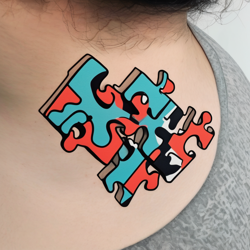 Cover the whole side of the neck puzzle piece tattoo where one of the pieces says Rella half sleeve tattoos for men, diseño de tatuaje Cartoon generado con IA
